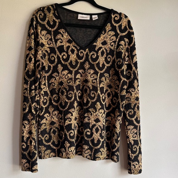Chico's Tops - Chicos Travelers Womens Size 1 Gold Black Damask Scroll V-Neck Long Sleeve Top